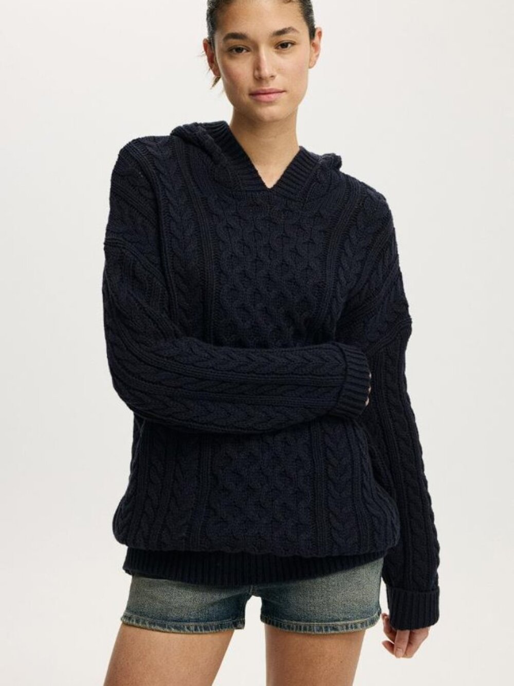 COTTON ON Women's Oversized Cable Hoody Size XS in Total Eclipse